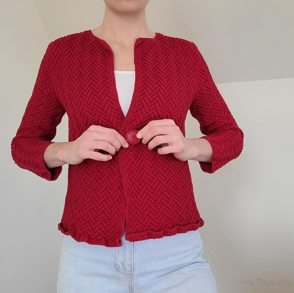 Vintage - Red cotton knit cardigan/Sweater - Picture 5 of 14